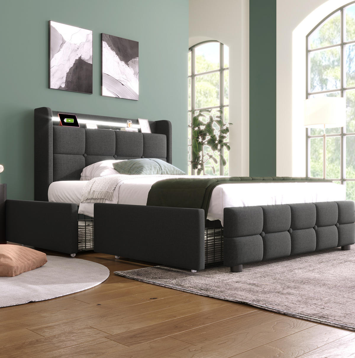 POLSTERBETT mit USB, LED und 2 Schubladen 90x200 cm Grau - Grau, Holz (90/200cm) - Meubliv