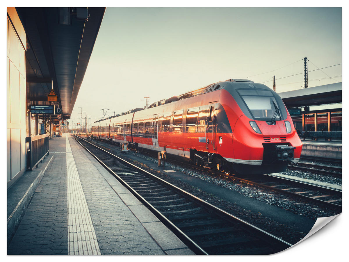 FOTOTAPETA Pre Obývaciu Izbu Moderný Červený Vlak Stanica Koľajnice 150 x 105 cm - hnedá/sivá, papier (150/105cm) - Muralo