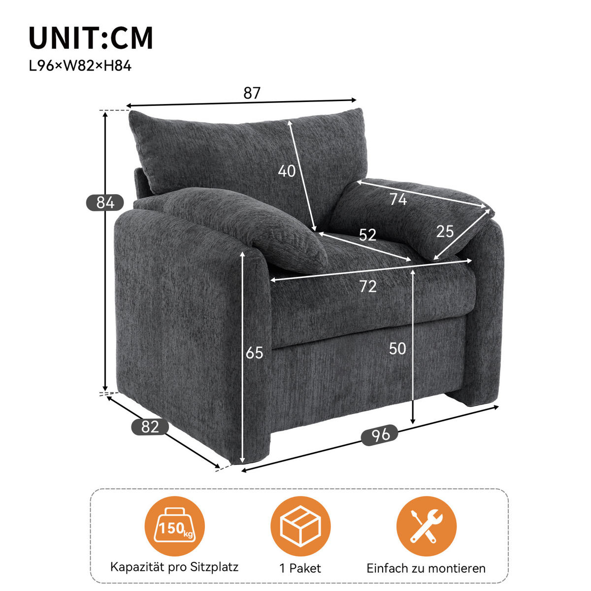 SESSEL 96/82/84 cm grau aus Chenille mit ergonomischer Polsterung - Grau, Textil (82/84/96cm) - OKWISH