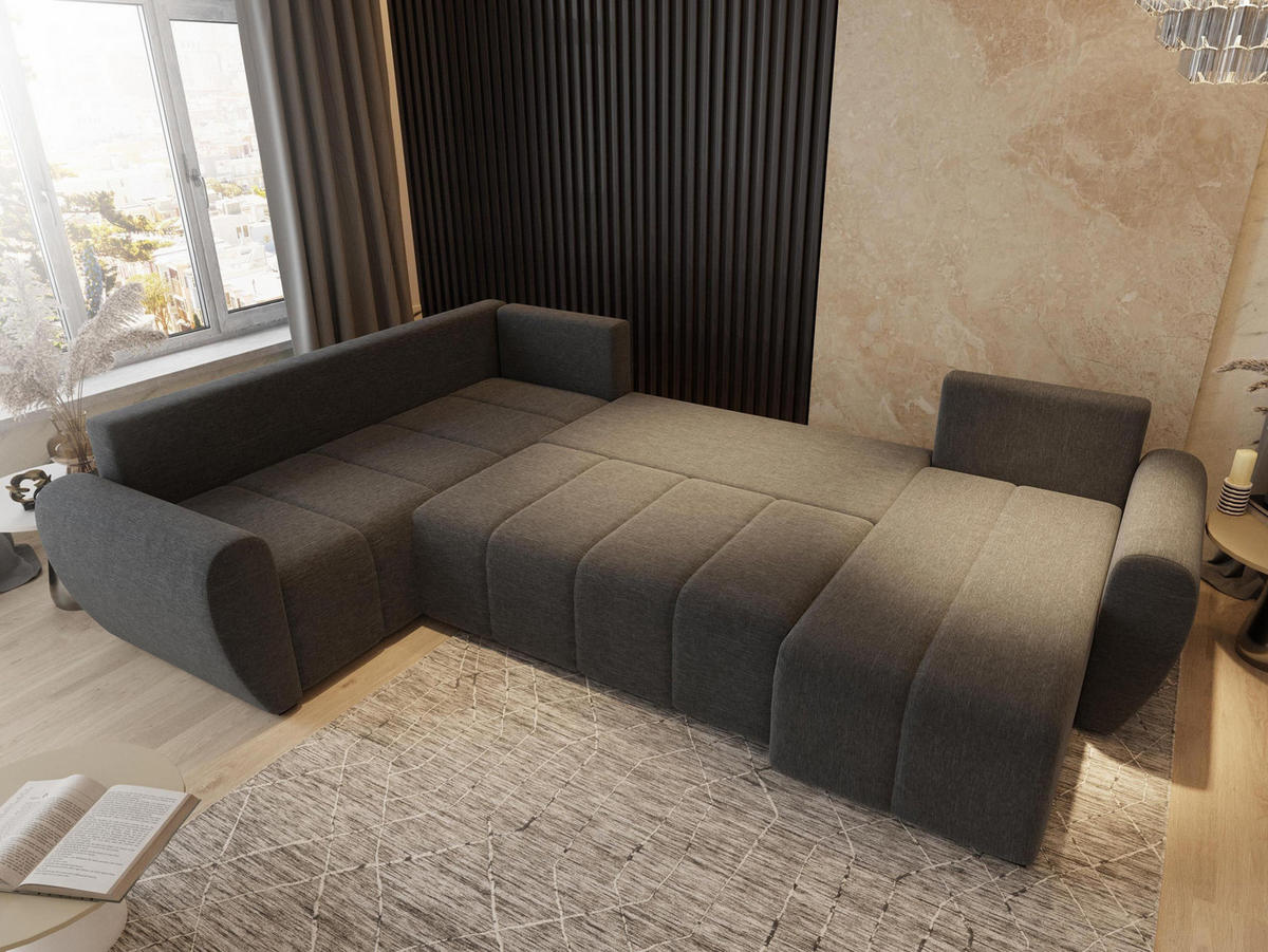 WOHNLANDSCHAFT MADISON XL L-S Braun Dünner Stoff mit Schlaffunktion - Braun, Holz (303/82/208cm) - MASSENO