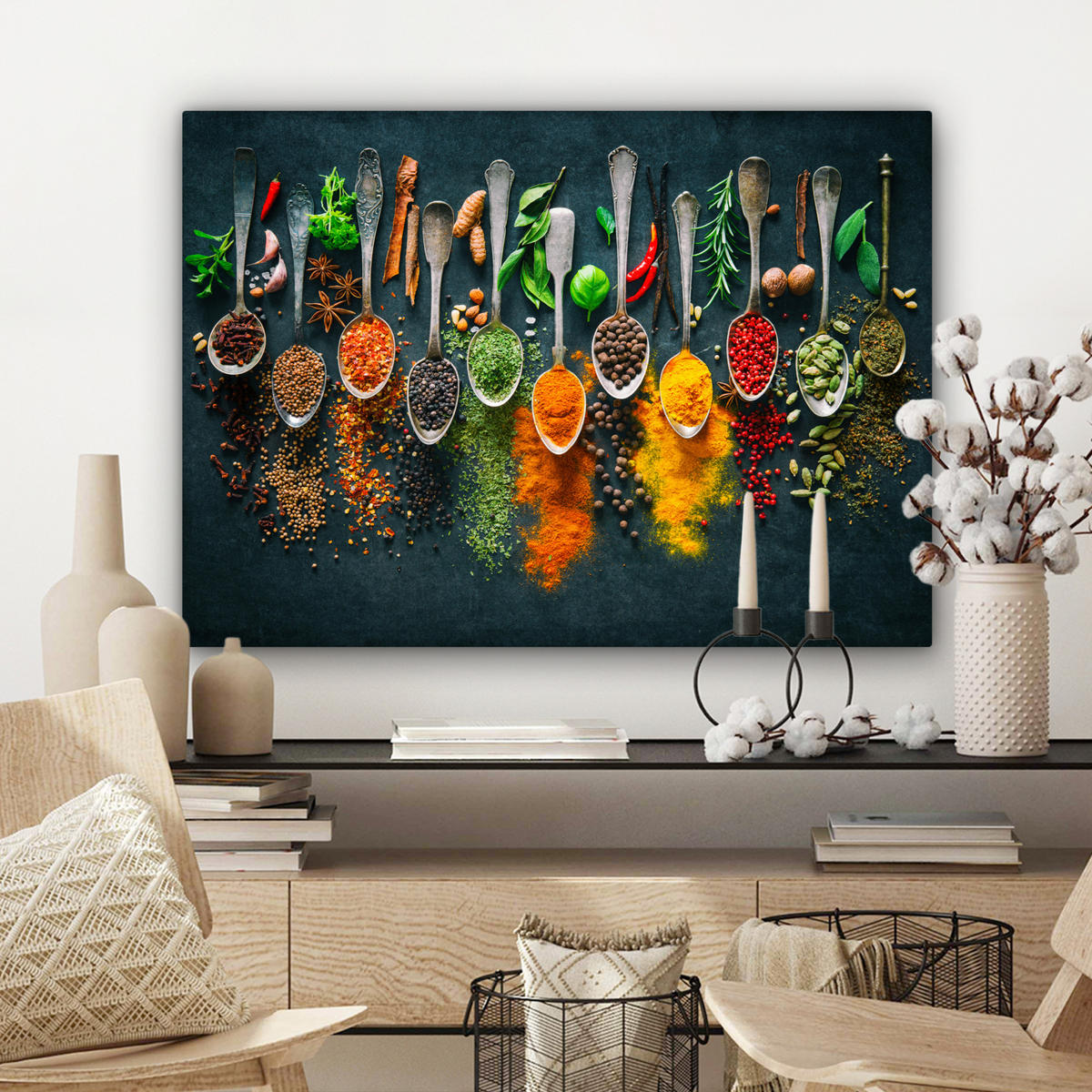 LEINWANDBILD Kräuter - Gewürze - Löffel Wandbilder 80x60 cm - Currygelb, Textil (80/60cm) - MuchoWow