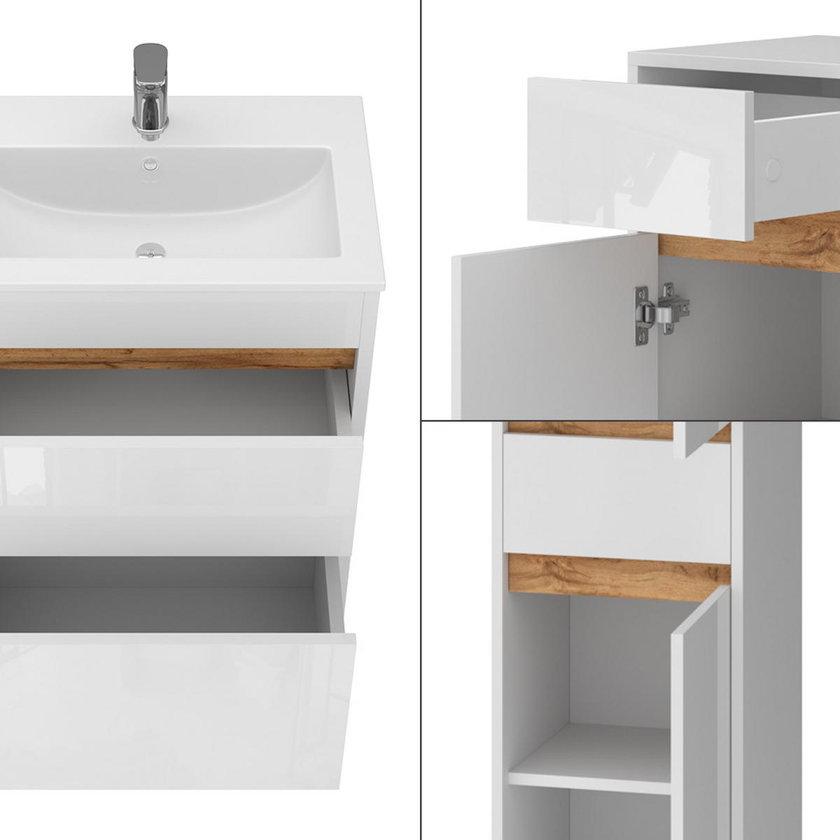 BADMÖBEL Detmold Weiß Hochglanz/Goldkraft Eiche 5er-Set - Honigeiche/Weiß Hochglanz, Holzwerkstoff (60/82/40cm) - Vicco