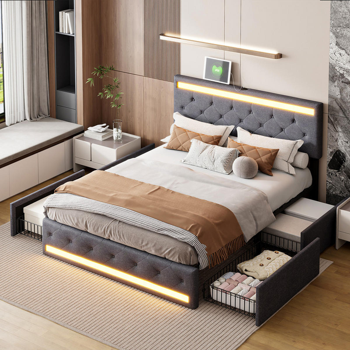 POLSTERBETT 140x200 cm, Leinen Dunkelgrau, Mit 4 Eisen-Schubladen LED Leuchten Lange USB Type-C Ladeanschluss - Dunkelgrau, Holz (140/200cm) - WoodenAura