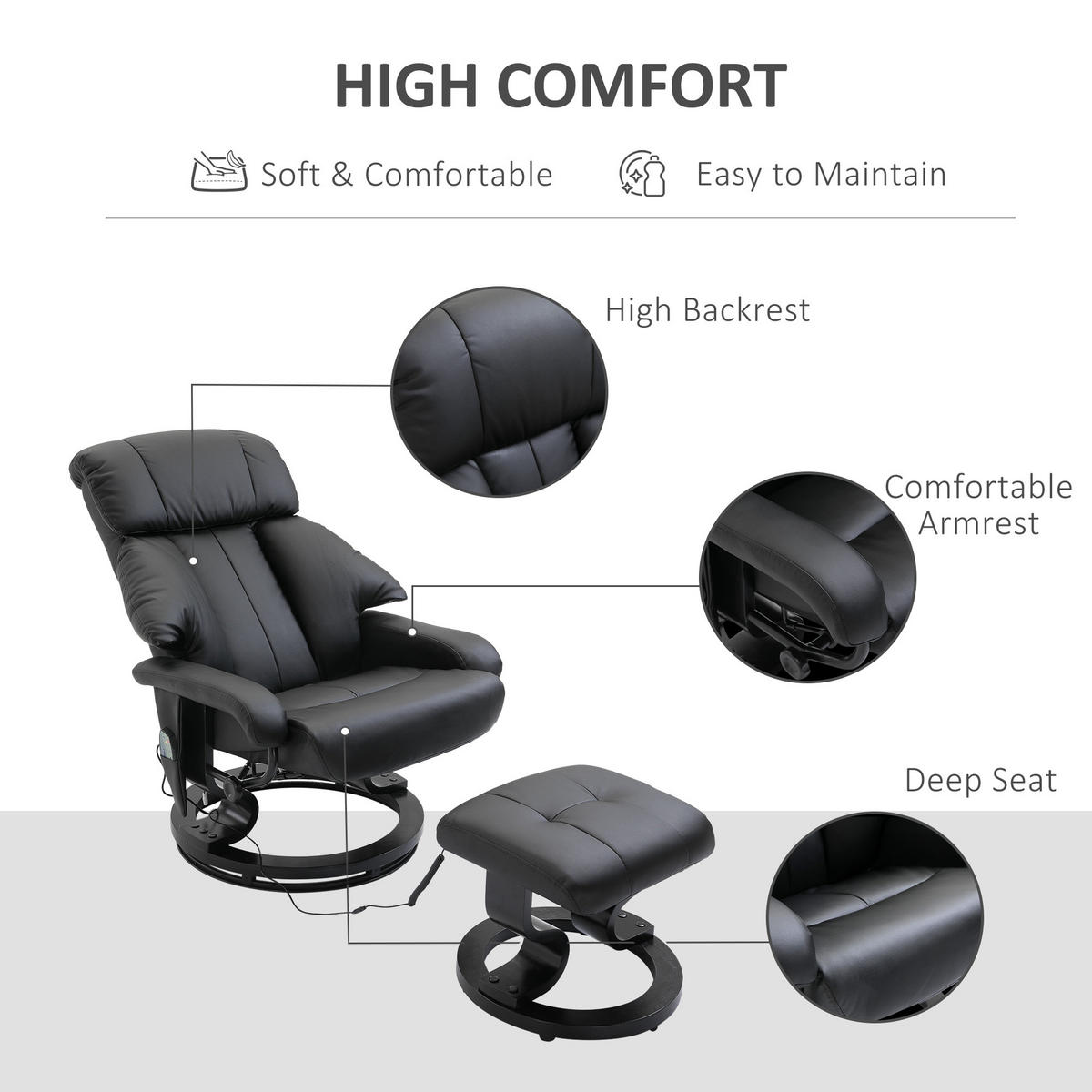 MASSAGESESSEL mit Fußhocker, Relaxsessel, Elektrischer Fernsehsessel, Kunstleder - Schwarz, Leder (80/102/76cm) - HOMCOM