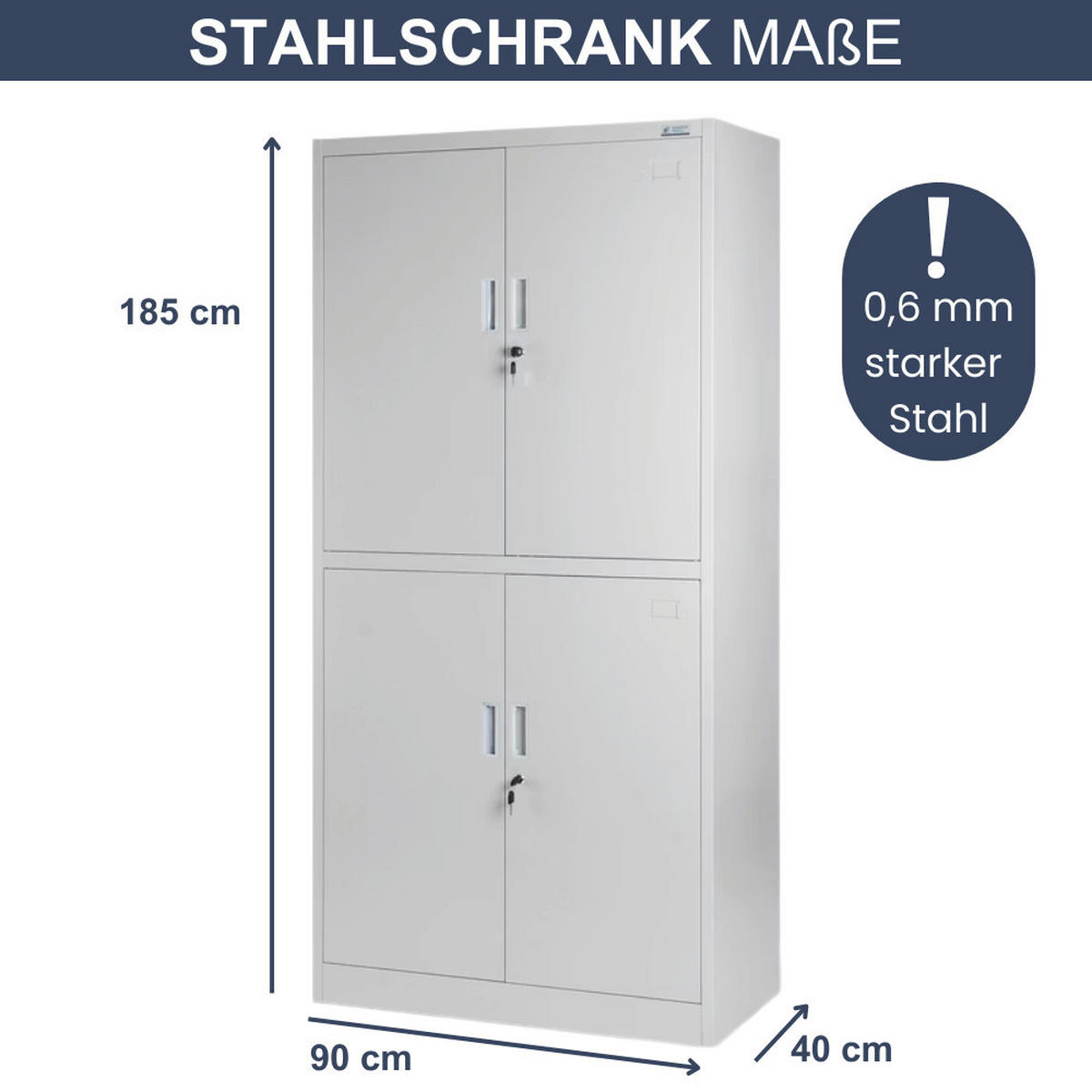 METALLSCHRANK abschließbar DOPLO mit Flügeltüren 185x90x40cm Grau - Grau, Metall (90/185/40cm) - DELUKE