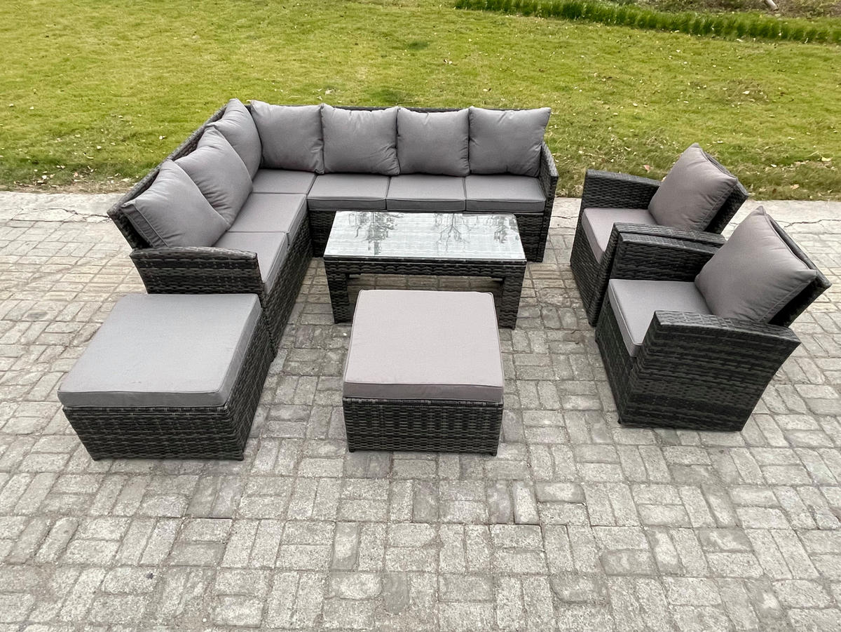 SITZGRUPPE mit Ecksofa,Länglicher Couchtisch ,2 Hockern,2 Stühle Polyrattan 10-Sitzer - Dunkelgrau/Grau, Glas/Kunststoff - Fimous