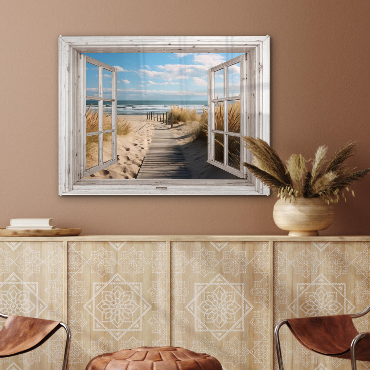 ACRYLGLASBILD Fenster - Meer - Küste - Natur - Ausblick - Strand - Wattenmeer 80x60 cm - Beige, Glas (80/60cm) - MuchoWow