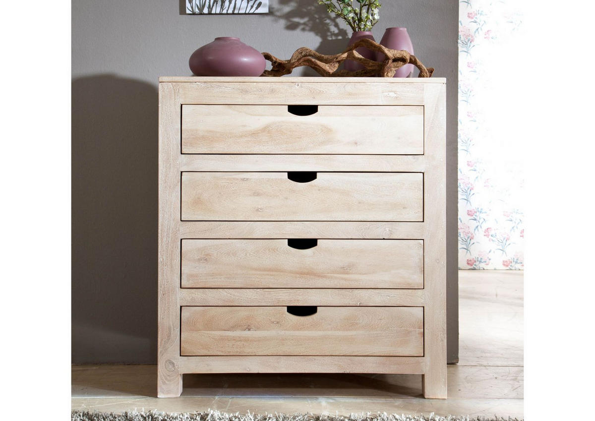 KOMMODE Akazie 85x42x95 white stone getüncht NATURE WHITE #85 - Beige, Holz (85/95/42cm) - Massivmoebel24