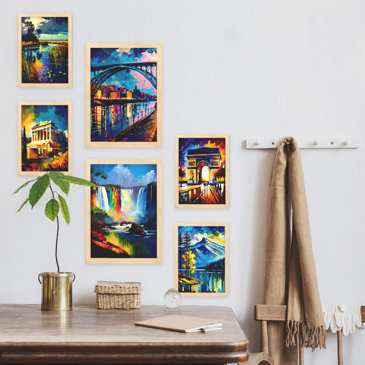 POSTER Set Mit 6 Regenbogen Im Ölgemälde Stil A3 & A4 Rahmen Aus Hellem Holz - Beige, Papier (29/3cm) - Nacnic