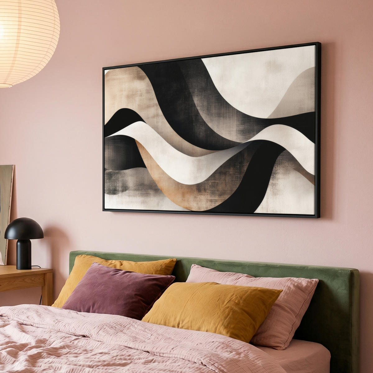 LEINWAND Bilder mit Rahmen - Abstrakt - Wellen - Schwarz - Verwittert - 140x90 - Trüffeleichefarben, Textil (140/90cm) - MuchoWow