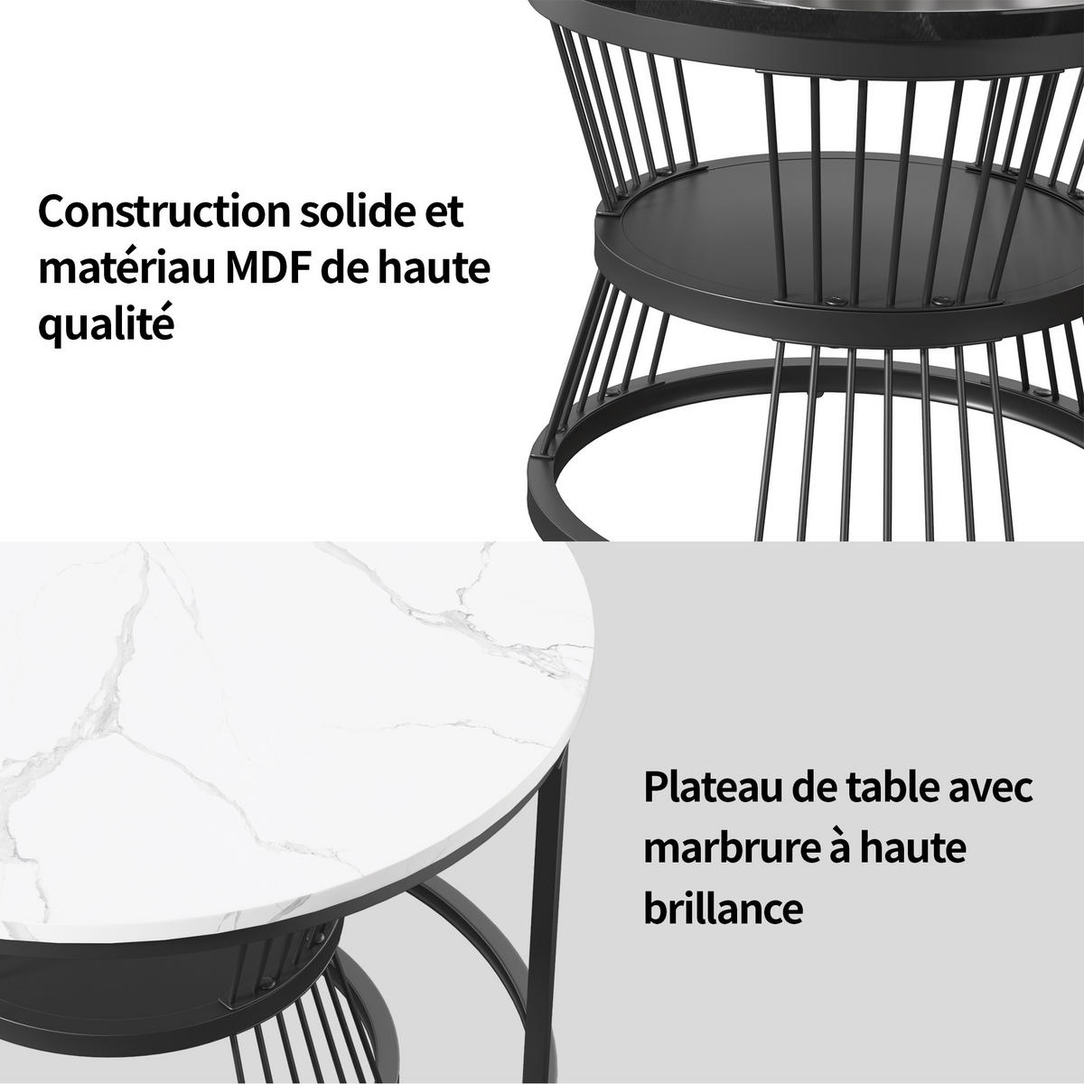 COUCHTISCH 2er Set Beistelltisch Rund, Schwarz/Weiß - Schwarz/Weiß, Metall (70/70/45.5cm)