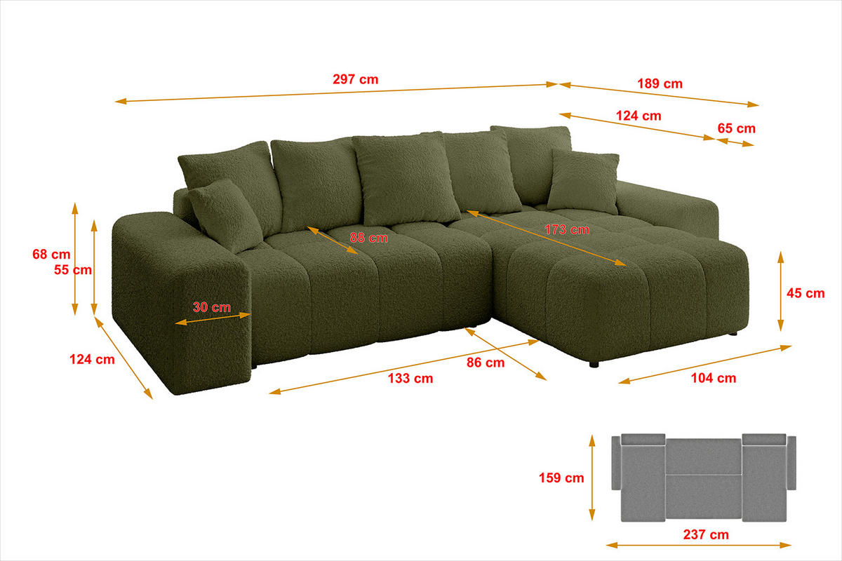 ECKSOFA Ottomane rechts ENIL-L 297x189x68 Grün Bouclé - Olivgrün, Holzwerkstoff/Kunststoff (189/297cm) - ALTDECOR