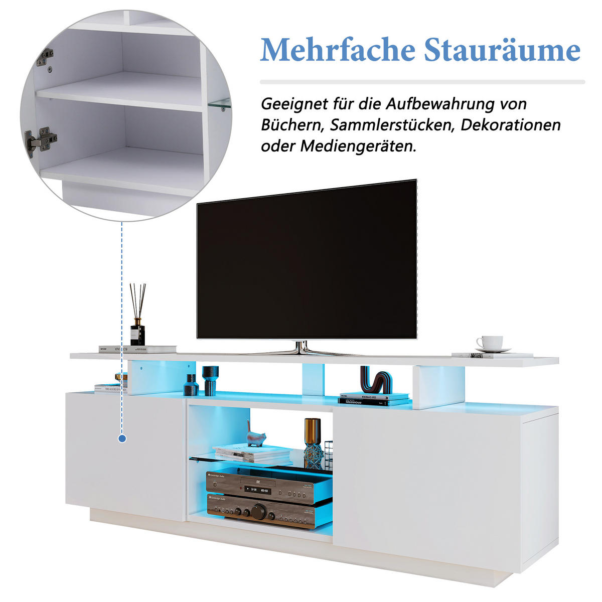 TV-SCHRANK 140cm 16-Farben LED Hochglanz Glasfächer Weiß - Weiß, Holzwerkstoff (35/55/140cm) - FLIEKS