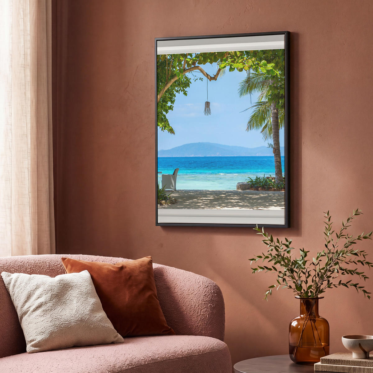 LEINWAND Bilder mit Rahmen - Aussicht - Baum - Meer - Palme - Hügel - Strand - Blau - 70x100 - Blau, Textil (70/100cm) - MuchoWow