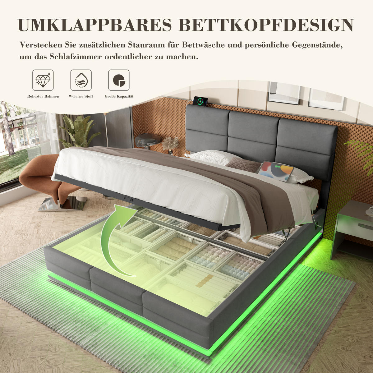 POLSTERBETT 180x200 cm LED USB Samt grau - Dunkelgrau, Textil (180/200cm) - LEBENLANG