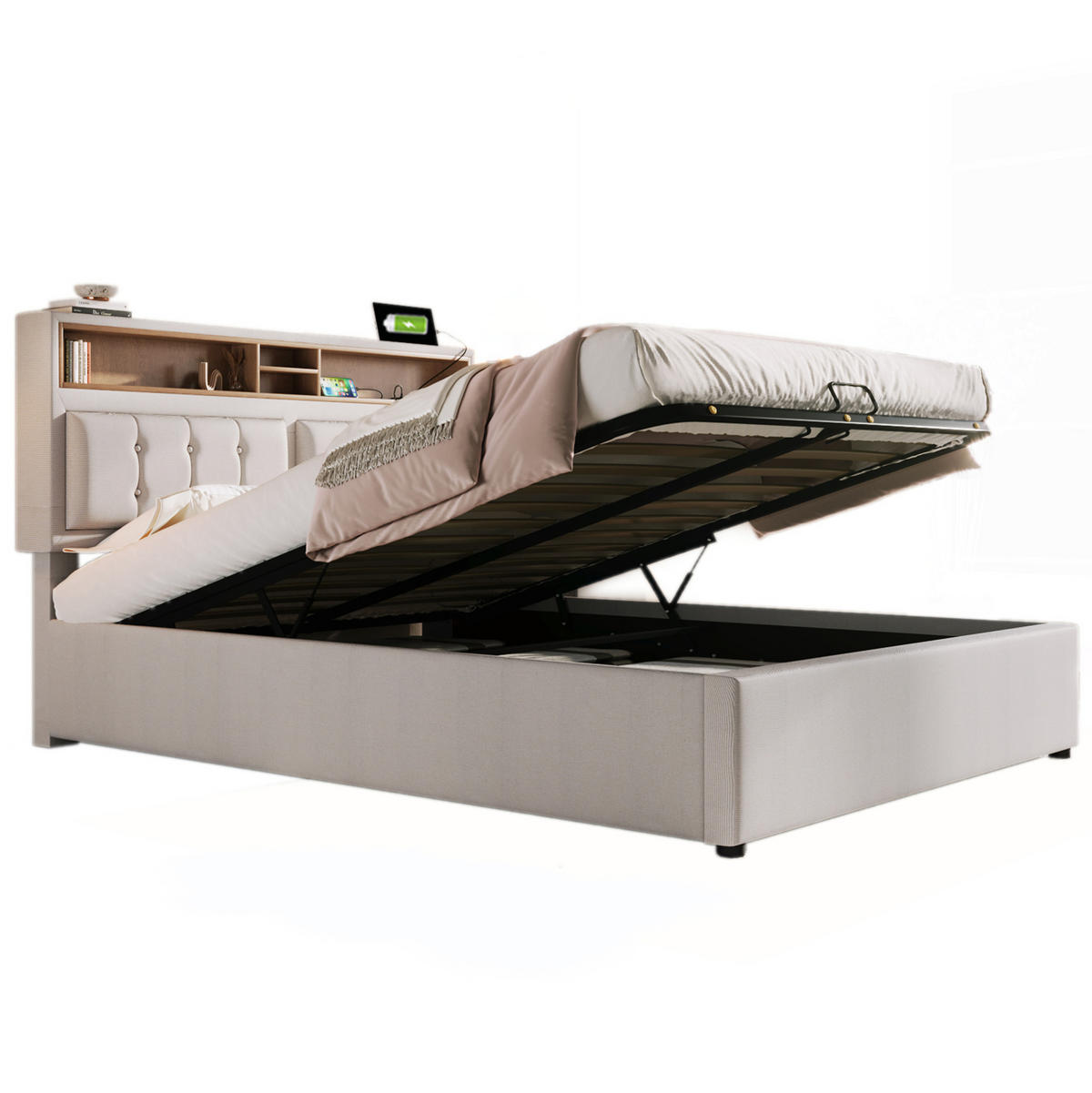 POLSTERBETT 140/200 cm Beige mit Stauraum, Matratze und USB- und Type-C-Anschlüssen - Beige, Textil (140/200cm) - Flora Grace