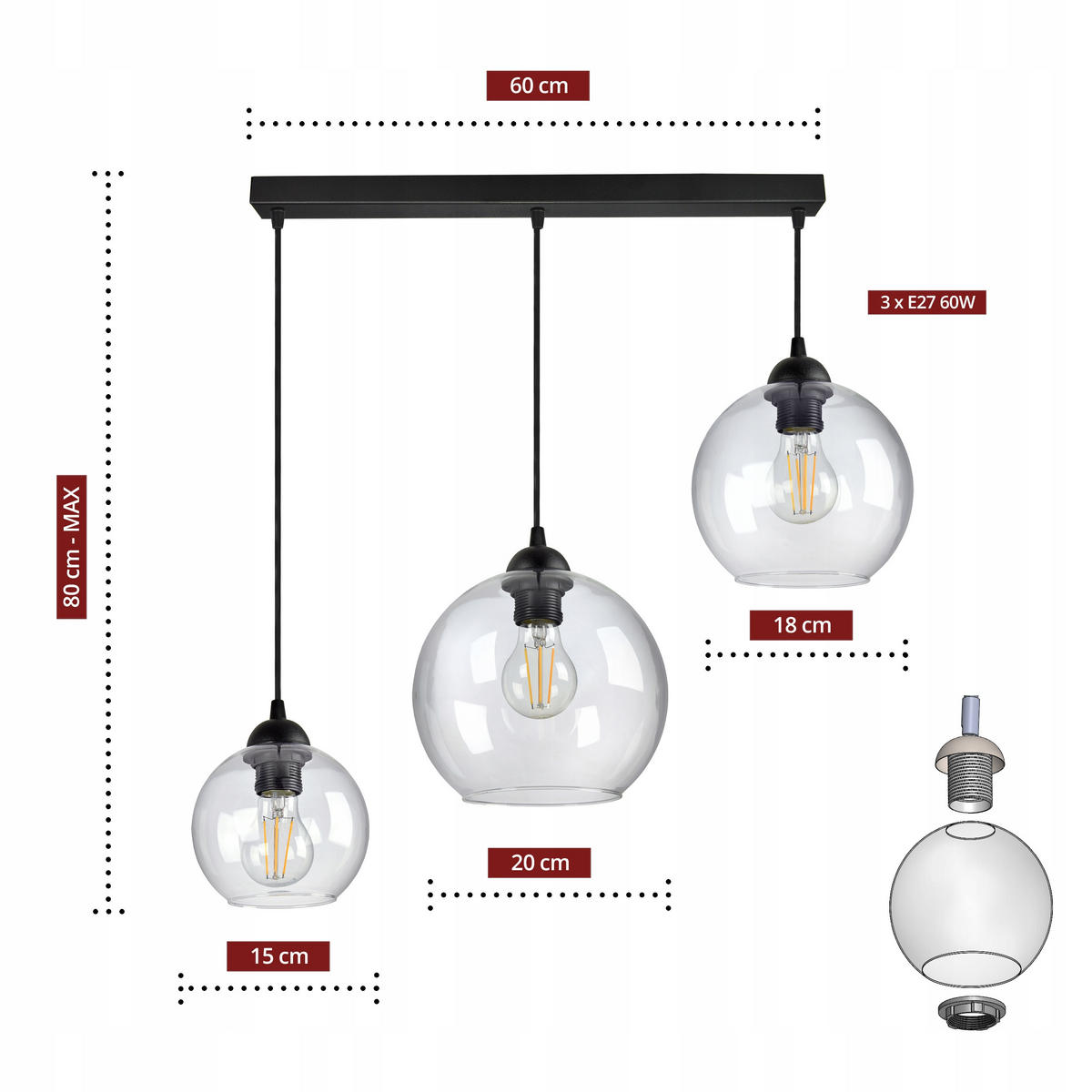 PENDELLEUCHTE HAGEN - Transparent/Schwarz, Glas/Metall (20/70/80cm) - kiki design