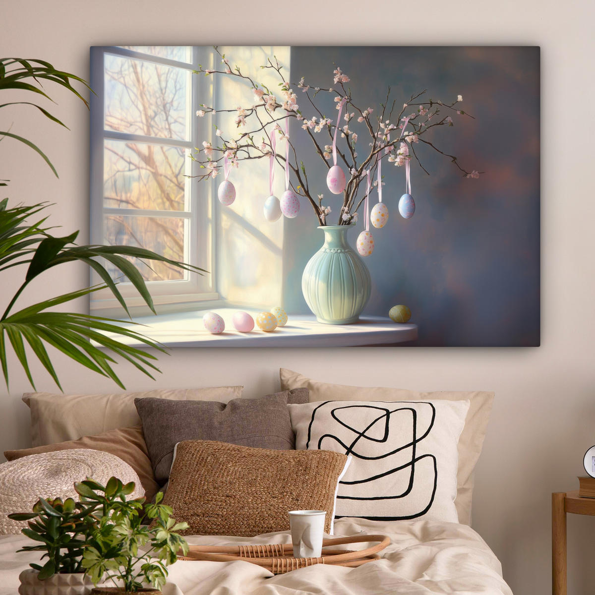 LEINWANDBILD Stillleben - Vase - Osterzweig Groß 140x90 cm - Hellblau, Textil (140/90cm) - MuchoWow