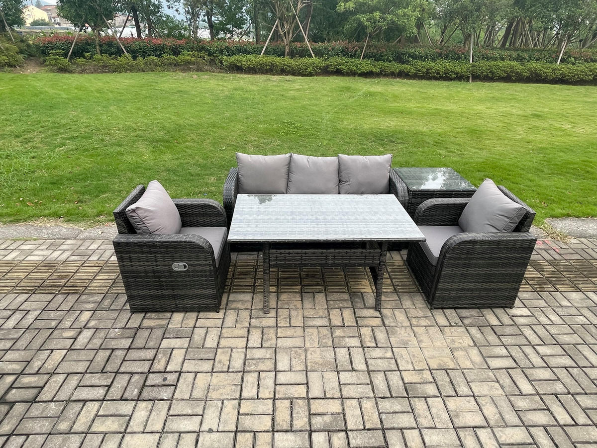 GARTENSET mit 3-Sitzer-Sofa,Beistelltisch,Esstisch Polyrattan 5-Sitzer - Dunkelgrau/Grau, Glas/Kunststoff - Fimous