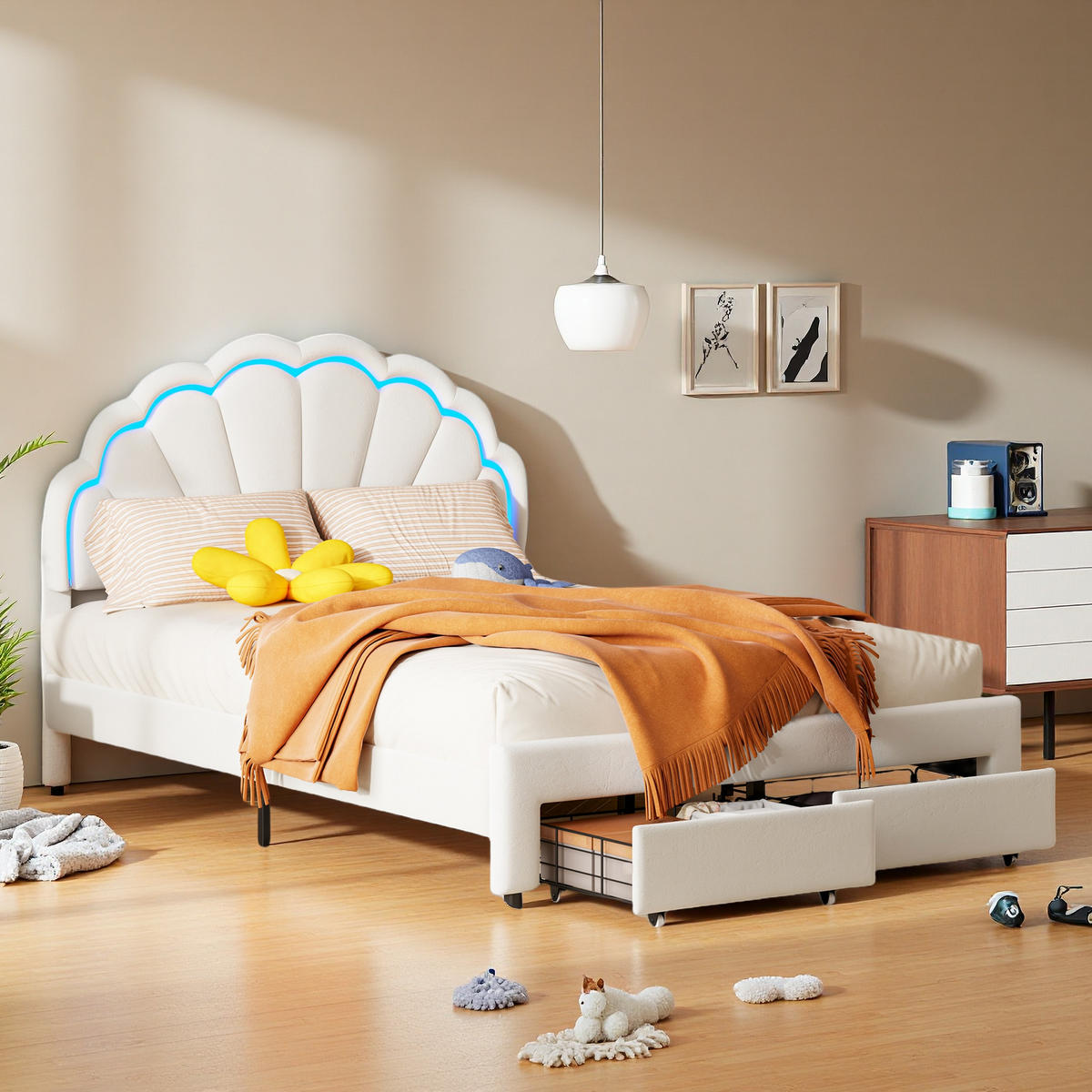 POLSTERBETT 140x200 cm LED Schubladen Lattenrost Samt weiß - Weiß, Holz (140/200cm) - LEBENLANG