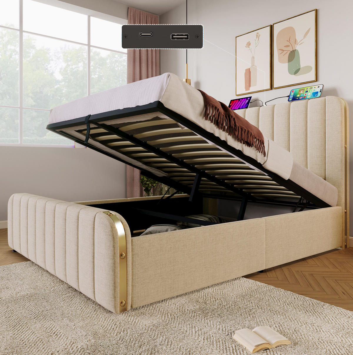 POLSTERBETT 140/190 cm beige aus Leinen mit USB, Typ-C und Stauraum - Beige, Textil (140/190cm) - OKWISH