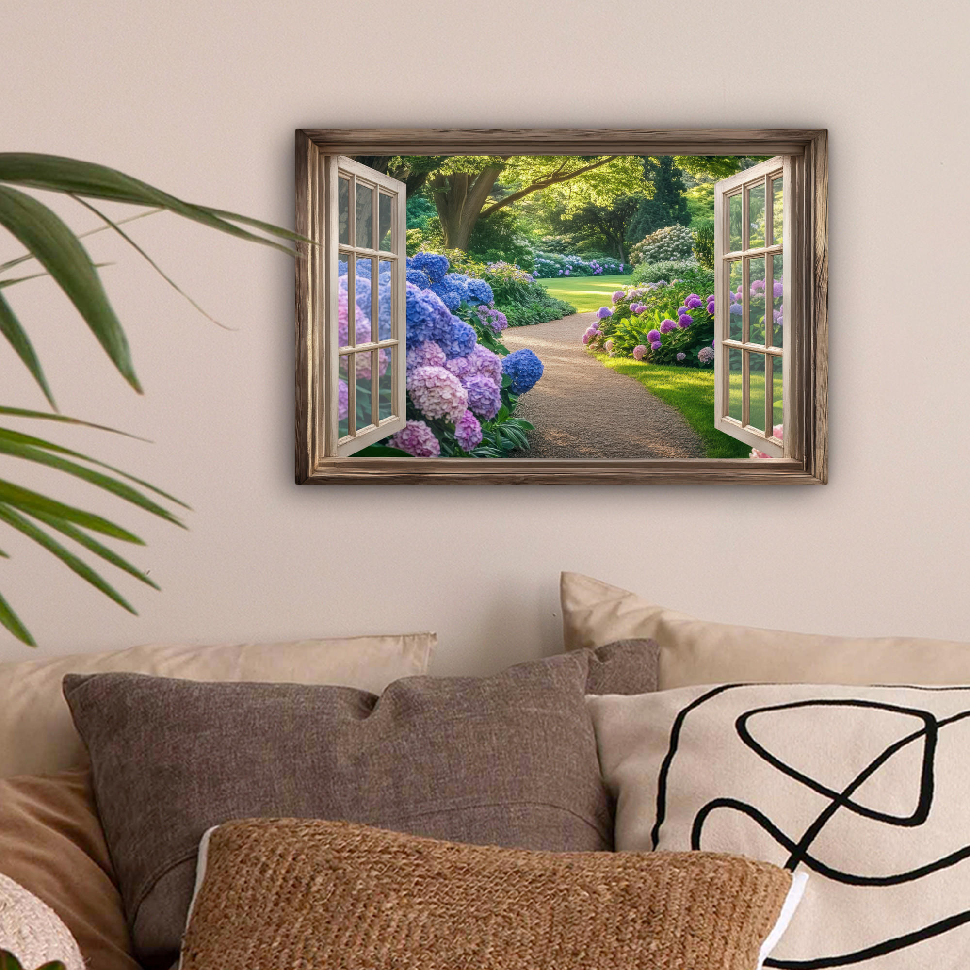 LEINWANDBILD Aussicht - Garten - Fenster - Hortensie - Blumen 30x20 cm - Pastellblau, Textil (30/20cm) - MuchoWow