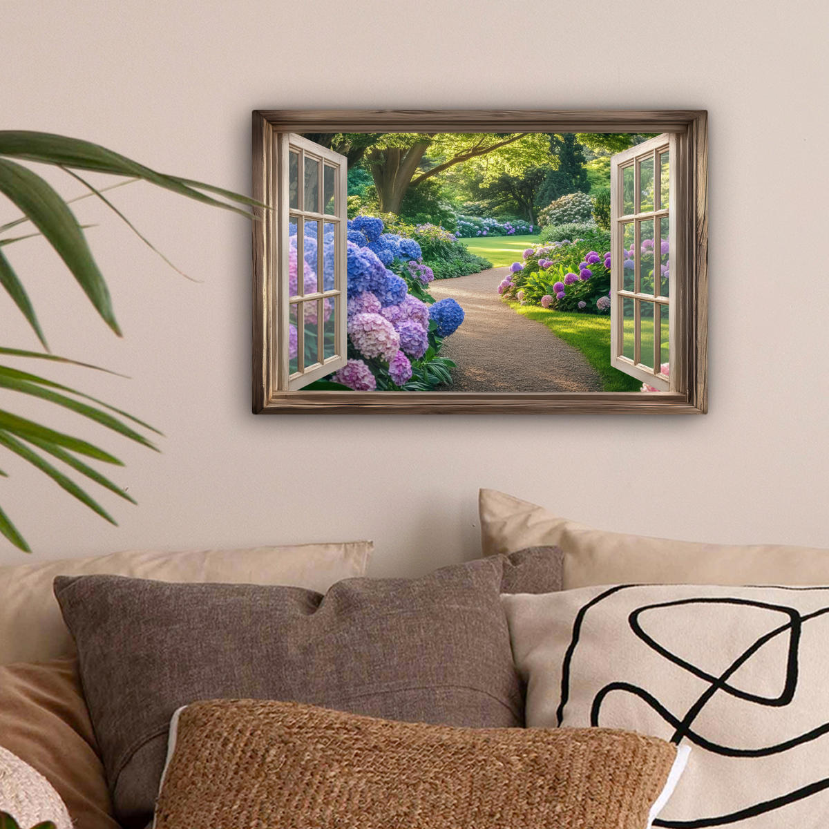 LEINWANDBILD Aussicht - Garten - Fenster - Hortensie - Blumen 30x20 cm - Pastellblau, Textil (30/20cm) - MuchoWow