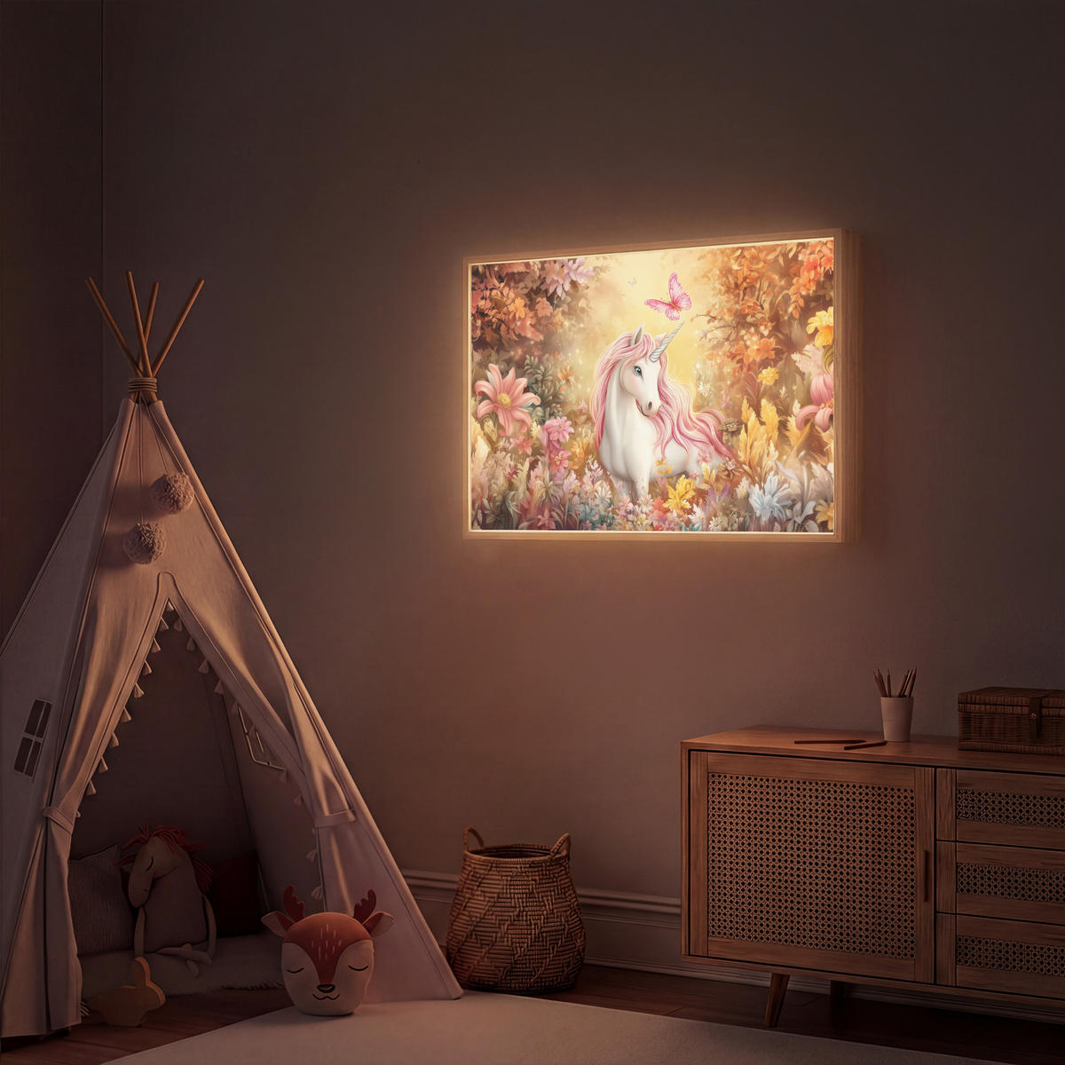 DOBÍJECÍ NOČNÍ LAMPIČKA Jednorožec - Květiny - Motýl - Růžová 100x70 cm - béžová, kompozitní dřevo (8/100/70cm) - OnlyWow
