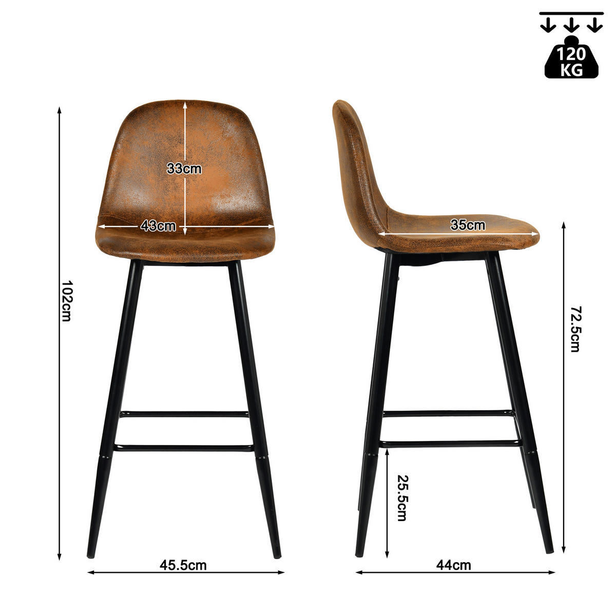 BARHOCKER 4er-Set mit Rückenlehne und Fußstütze, gepolstert, Braun - Braun, Metall (44/102/45.5cm) - Meubles Cosy