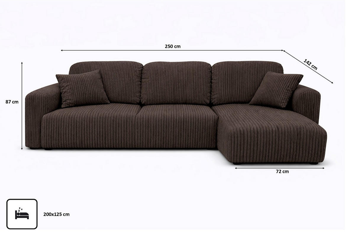 ECKSOFA Mit Schlaffunktion Und Bettkasten, Sofa L-Form Bingo L, Cordstoff Poso, Braun, Rechts - Braun, Holz (250/142cm) - Kaiser Möbel