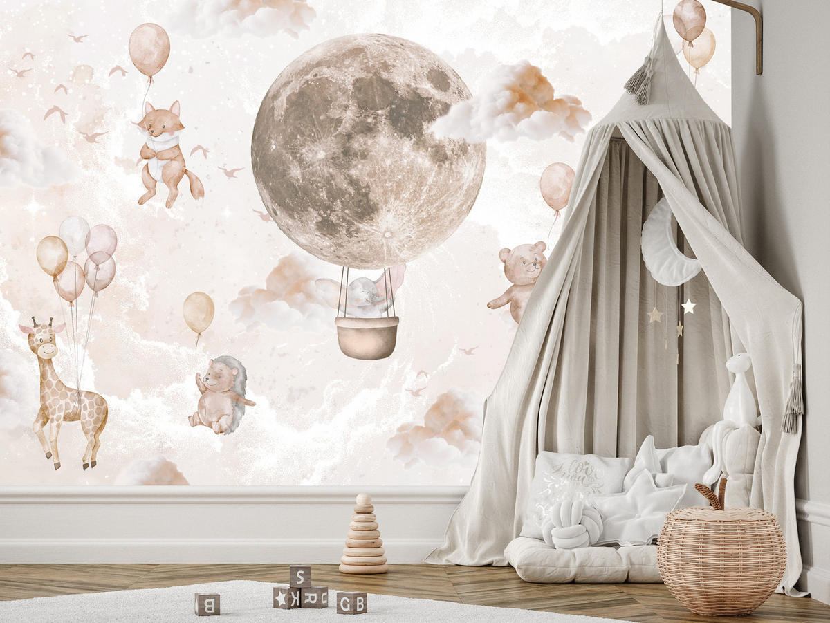 FOTOTAPETE für Kinderzimmer Mond Ballons Bär Rehkitz Giraffe Wolken 200x140 - Beige/Rosa, Papier (200/140cm) - Muralo