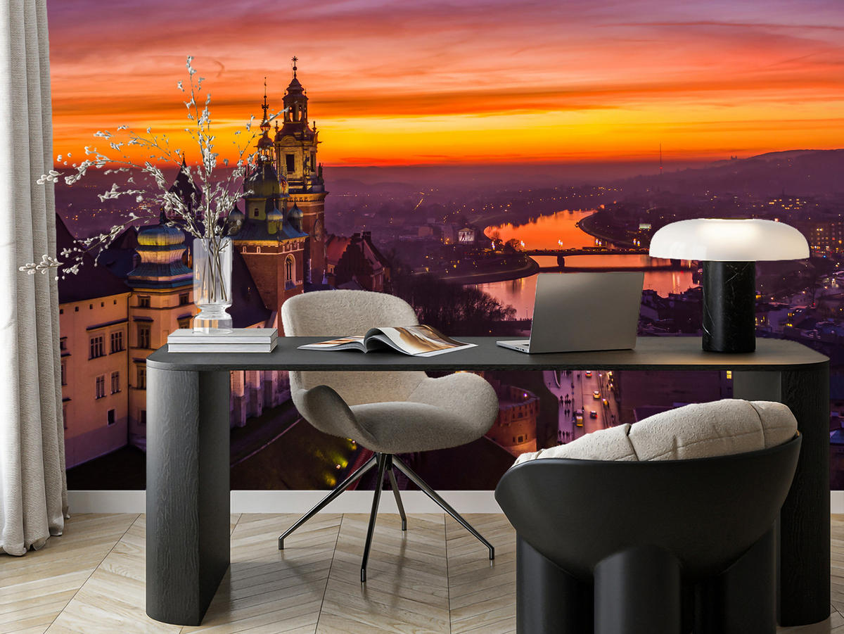 FOTOTAPETE für Wohnzimmer Sonnenuntergang Wawelburg Architektur Stadt 300x210 - Orange, Papier (300/210cm) - Muralo