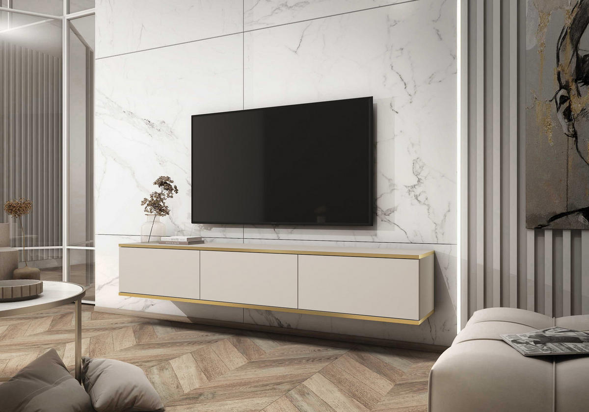 TV-LOWBOARD FORNO (Beige, Goldene Details, 3 Türen, 175 cm) - Beige, Holz/Holzwerkstoff (175/30/32cm) - Ravio