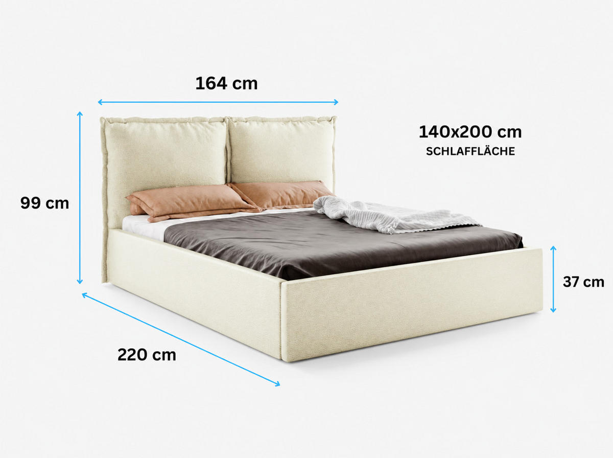 POLSTERBETT MIRA 140x200 cm mit Bettkasten, Stauraum und Metall-Lattenrost – VIBE Hellblau - Schwarz/Hellblau, Textil/Metall (140/200cm) - Luxkor24