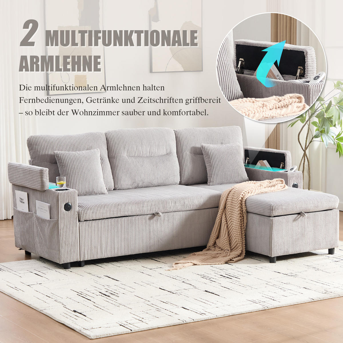 ECKSCHLAFSOFA 3-Sitzer Cord mit Schubladenbett und USB-Anschluss Hellgrau 212,5/136/86 cm - Hellgrau, Textil (136/212.5cm) - Redom