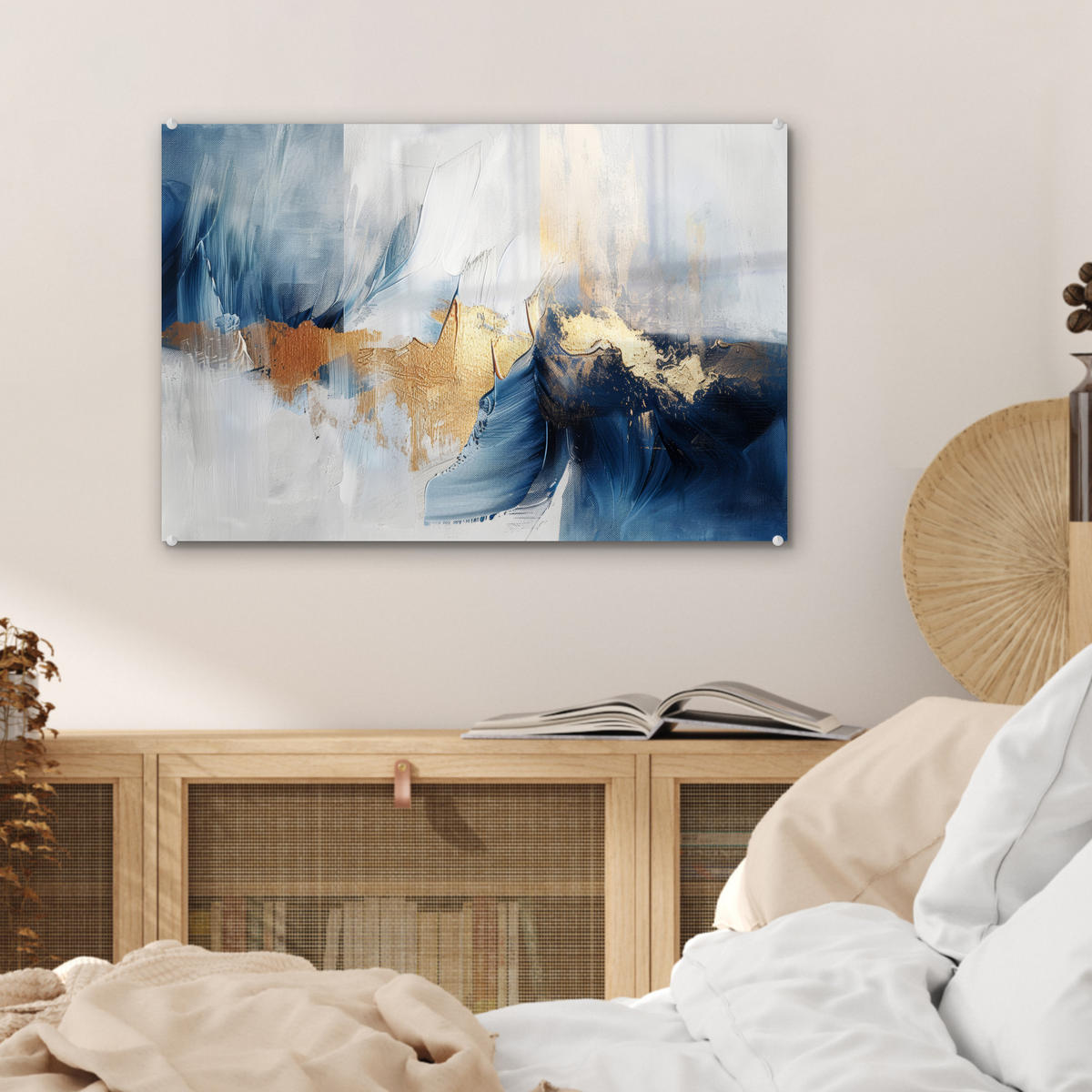 ACRYLGLASBILD Gold - Blau - Aquarell - Kunst - Modern 60x40 cm - Hellblau, Glas (60/40cm) - MuchoWow