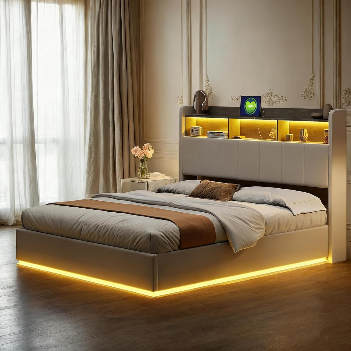DOPPELBETT 160x200 cm Bettgestell mit Ladefunktion, Stauraum & LED Beige - Beige, Holz/Metall (160/200cm) - PARAFTA HOME