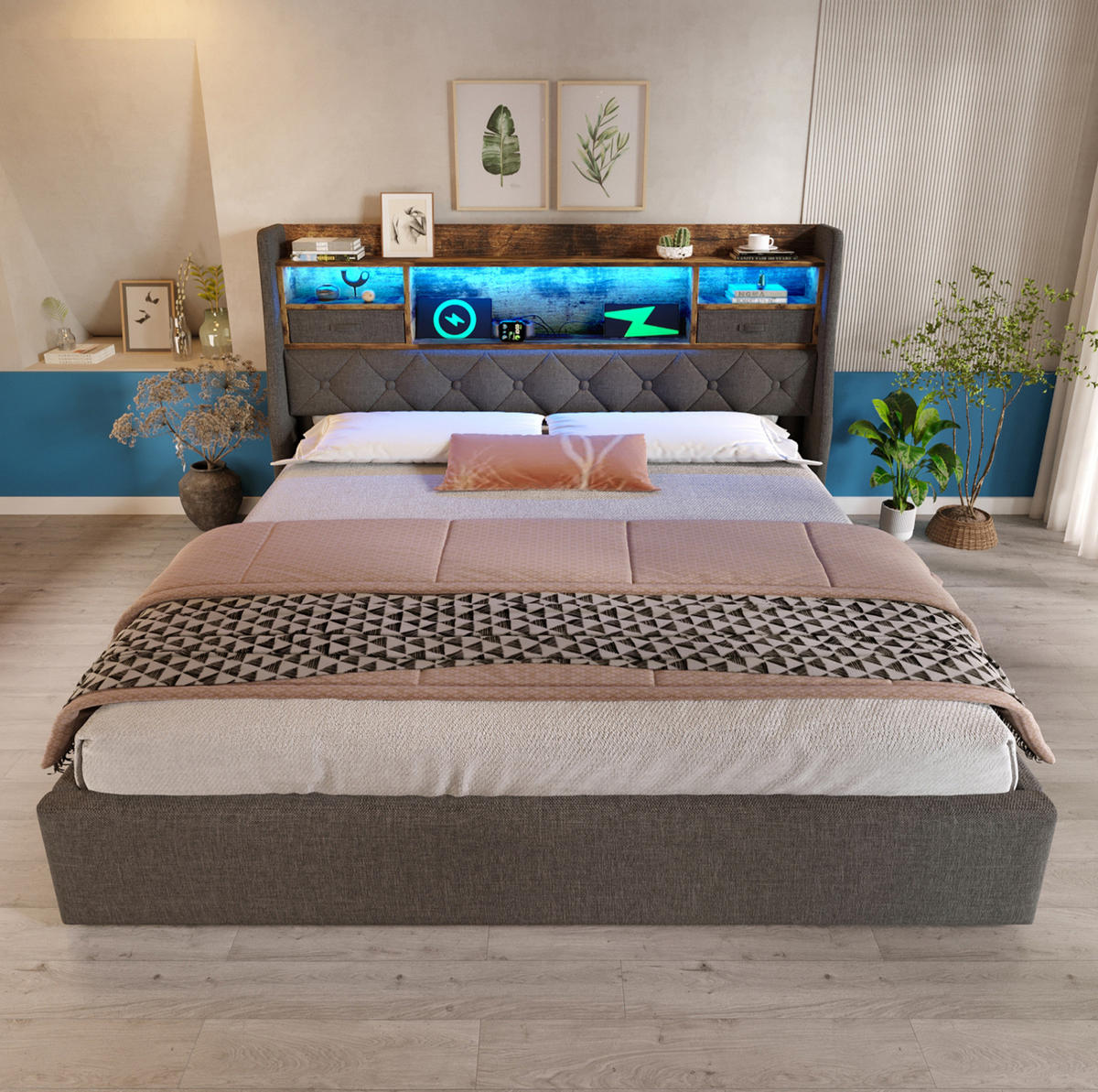 OBLAZINJENA postelja 180/200 cm iz lana z LED osvetlitvijo, USB/USB-C priključki in hidravličnim prostorom za shranjevanje, Siva - siva, tekstil (180/200cm) - Redom
