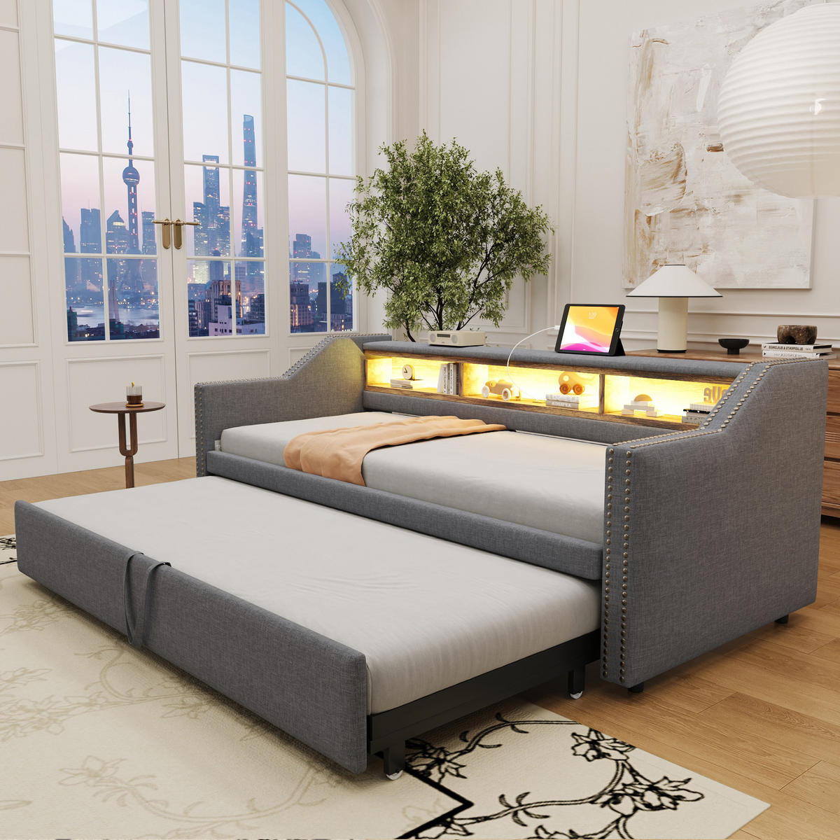 SCHLAFSOFA ausziehbar 90/180 x 190 cm Dunkelgrau mit USB und LED - Dunkelgrau, Metall (90/190cm) - Meubliv