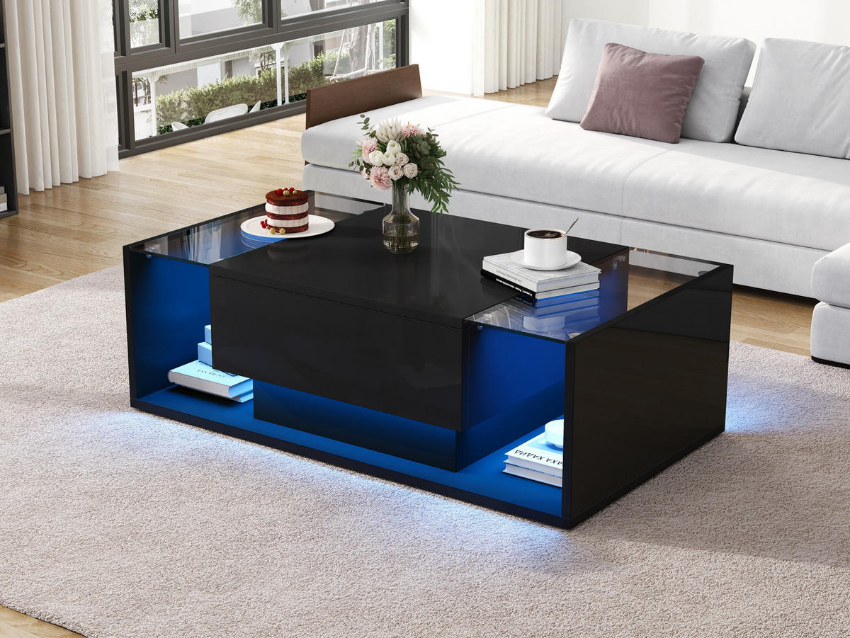 COUCHTISCH in Schwarz Kaffeetisch mit 1 Schublade und LED-Lichtleiste für Wohnzimmer, B100/T50/H31cm - Schwarz, Glas/Holzwerkstoff (50/100/31cm) - STILVORA