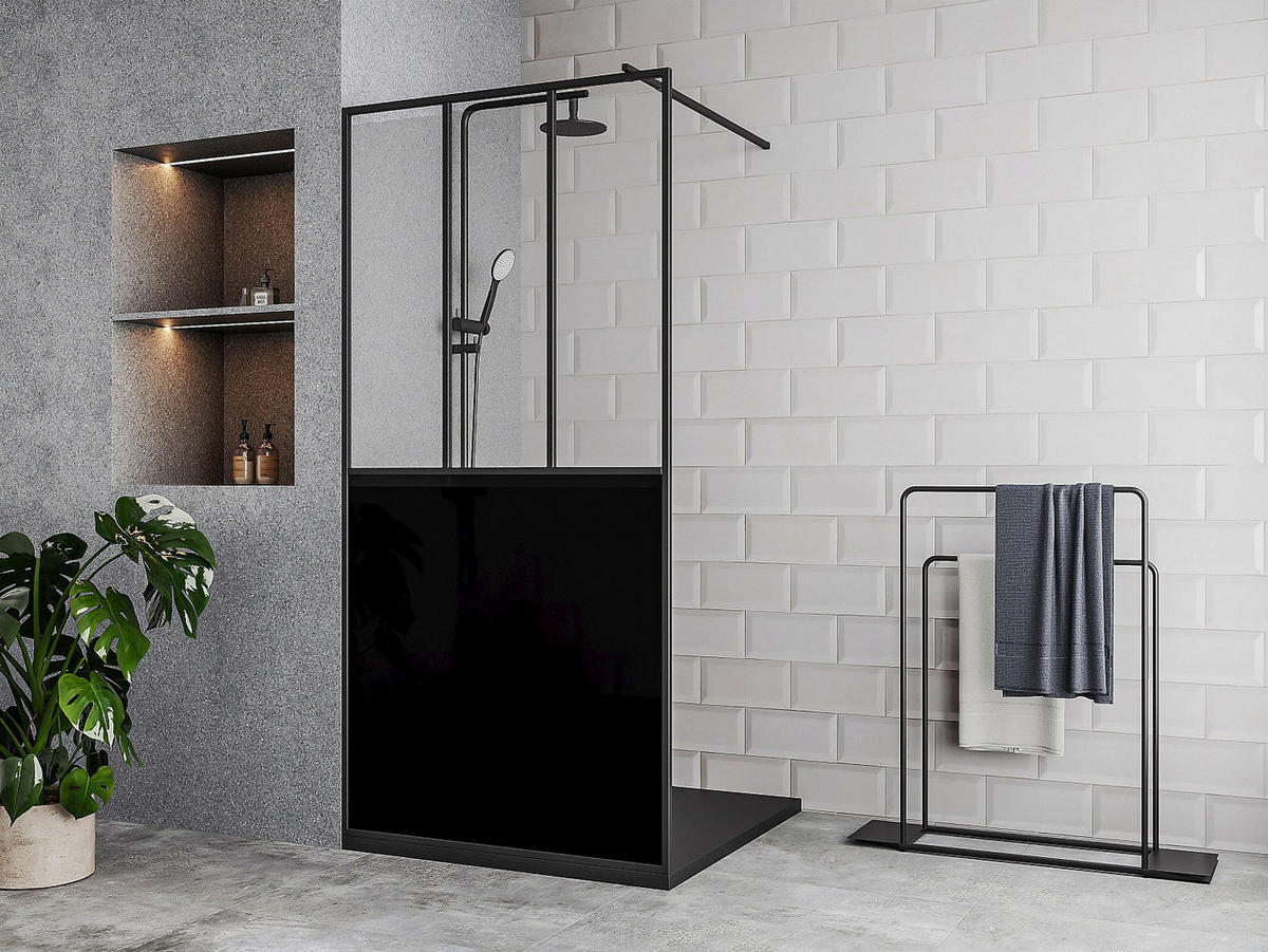 DUSCHTRENNWAND Seitenwand italienische Dusche - Schwarz matt - Industrial Style - 100 x 200 cm - URBANIK - Schwarz, Metall (100/200cm) - Vente-Unique