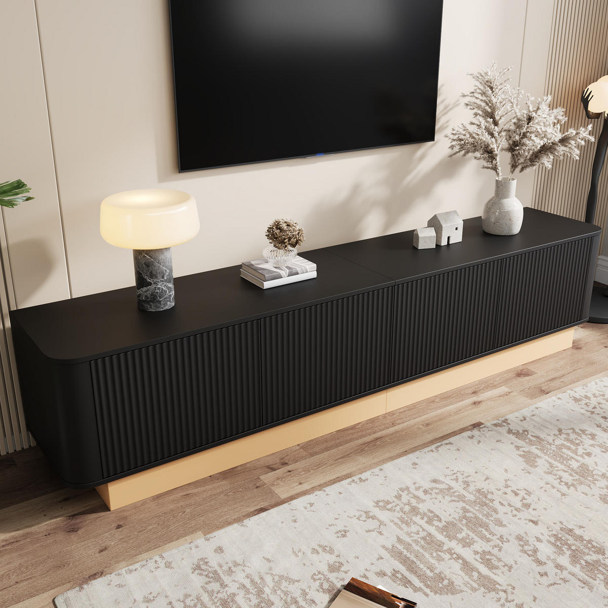 TV-LOWBOARD 200 cm geriffelt 4 Türen - Schwarz, Holz (200/47.5/40cm) - LEBENLANG