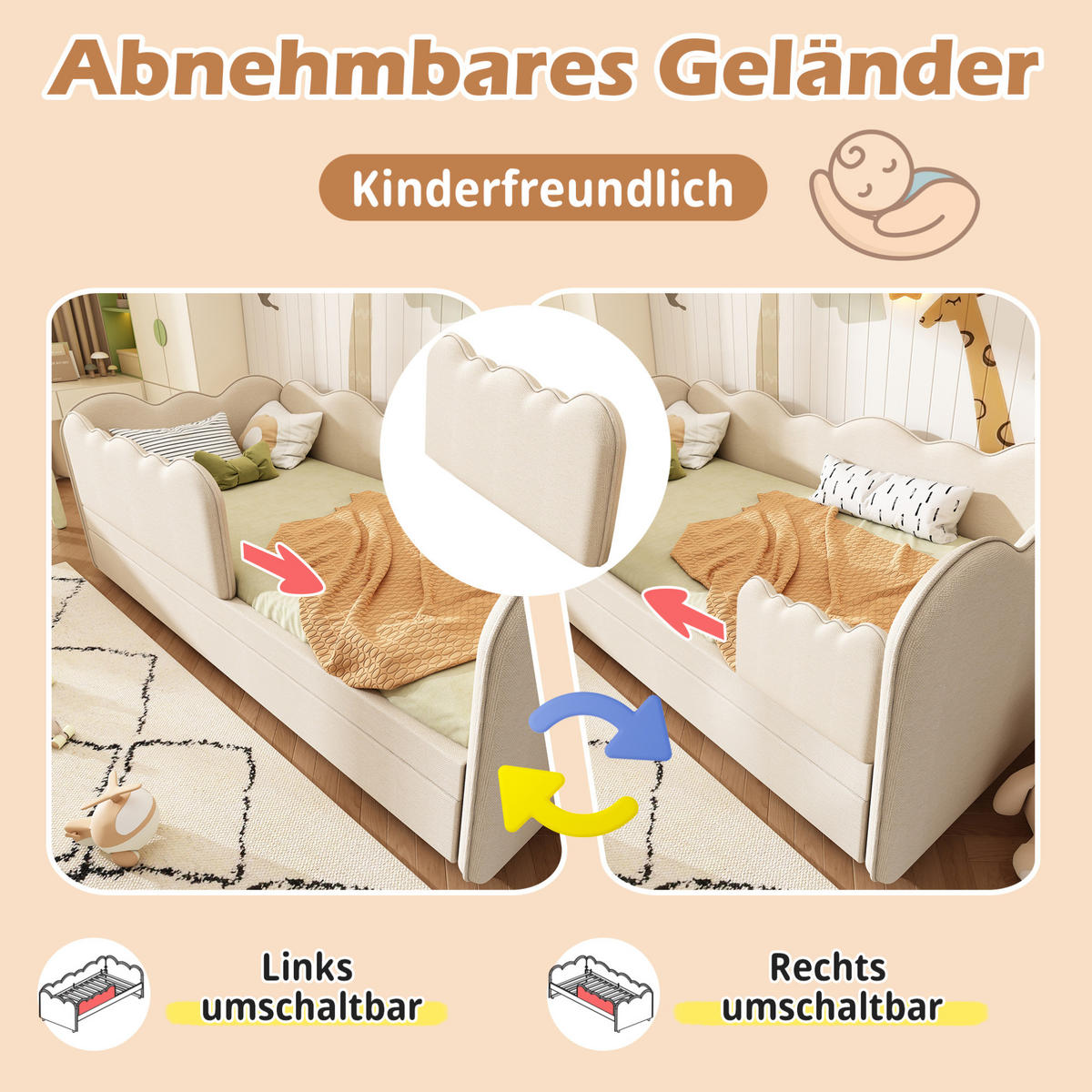 KINDERBETT 90/190 cm mit Ausziehbett und abnehmbarem Seitenteil in Beige - Beige, Textil (90/190cm) - BEAOK