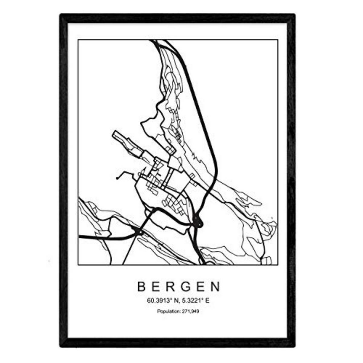 POSTER Bergen Stadtkarte – Nordisch A3 Rahmenlos - Klar, Papier (29.7/5/42cm) - Nacnic