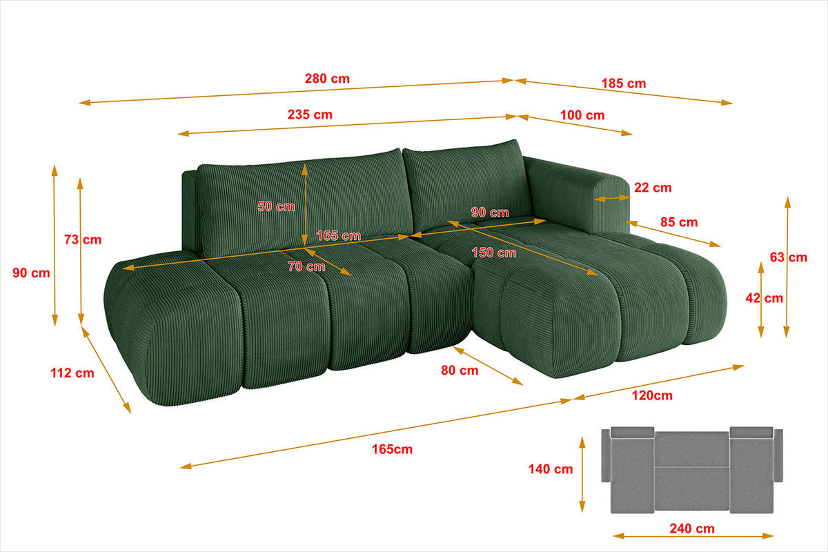 ECKSOFA Ottomane Rechts CLOUD-L 280x185x90 Grün Cord - Grün, Holzwerkstoff/Kunststoff (185/280cm) - ALTDECOR