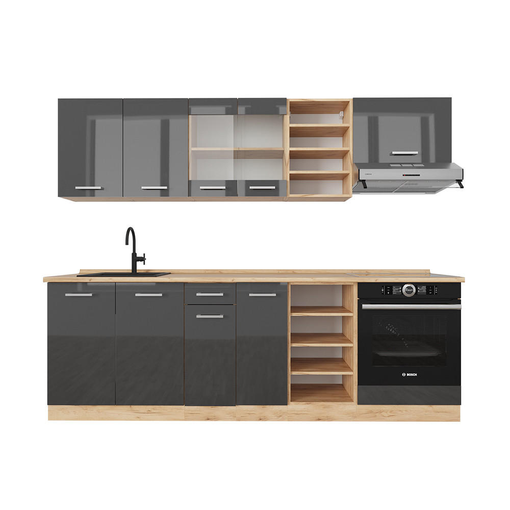 KÜCHENZEILE R-Line Anthrazit Hochglanz/Goldkraft Eiche 240 cm ohne AP - Anthrazit/Eiche Wotan, Holzwerkstoff (240/81.6/46cm) - Vicco
