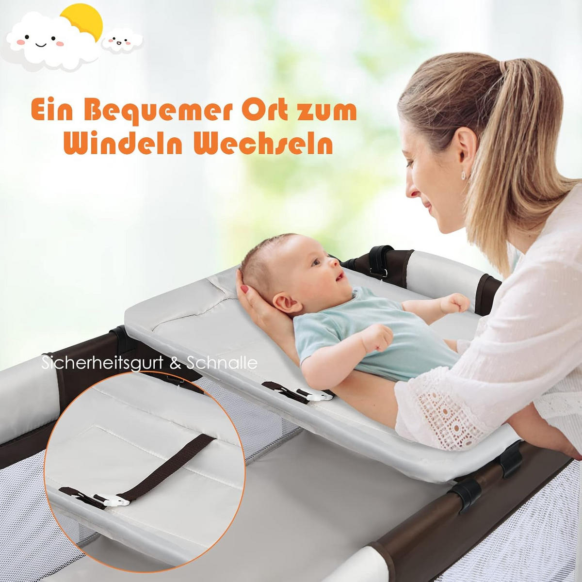 BABYBETT 3 in 1 klappbares Reisebett Wickeltisch Braun - Braun, Metall - COSTWAY