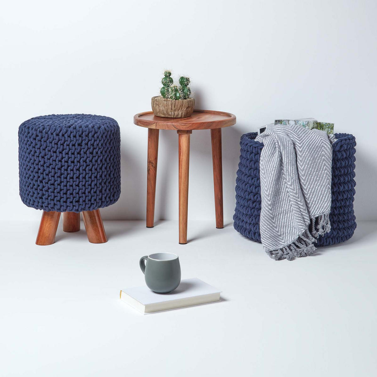 STRICK-HOCKER dunkelblau, Dreibein 32/32/42 cm - Dunkelblau, Textil (32/42/32cm) - Homescapes