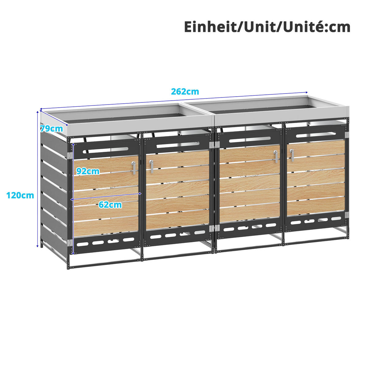 MÜLLTONNENBOX Pflanzkasten Holzoptik horizontal Schloss - Schwarz, Metall (262/120/79cm) - LEBENLANG