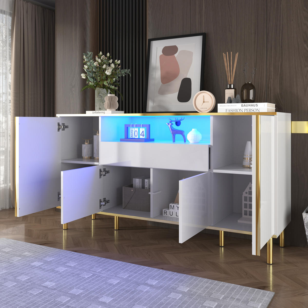 SIDEBOARD in Weiß Kommode mit Schublade und Stauraum für Wohnzimmer und Schlafzimmer, B150/T40/H80cm - Goldfarben/Weiß, Holzwerkstoff/Metall (150/80/40cm) - STILVORA